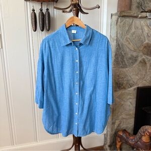 Poetry Linen & Cotton Blue Half Sleeve Relaxed Fit Lagenlook Button Down Shirt
